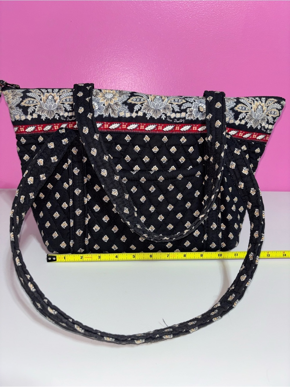 Vera Bradley Black Quilted Floral Tote Shoulder Bag Zip Top Cotton